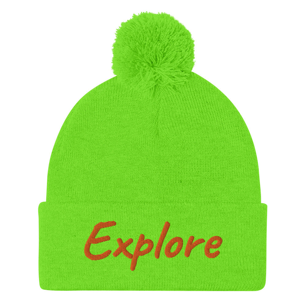 Explore In Amber Embroidery on Pom Pom Beanie