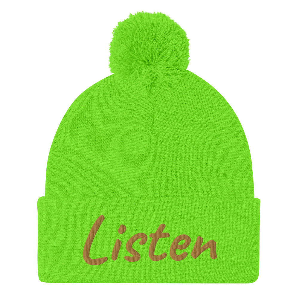 Listen In Copper Embroidery on Pom Pom Beanie