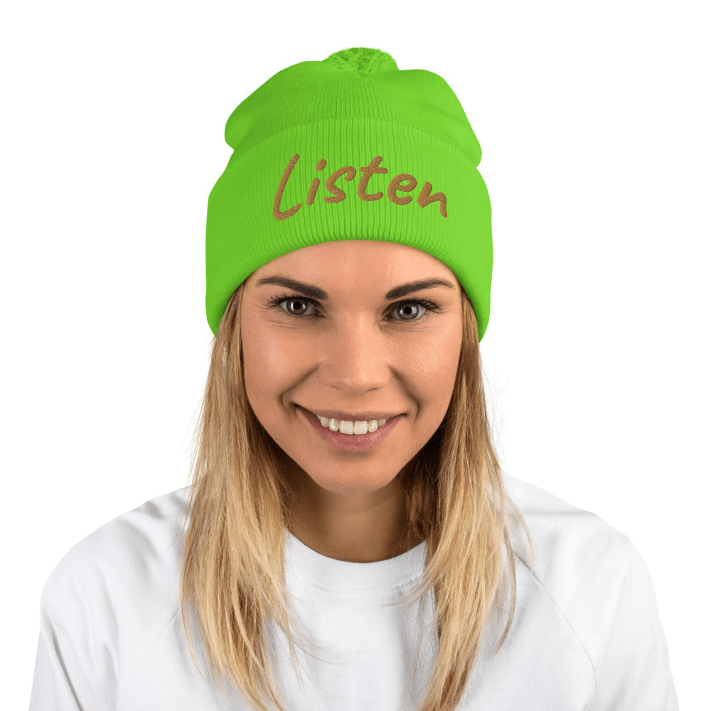 Listen In Copper Embroidery on Pom Pom Beanie