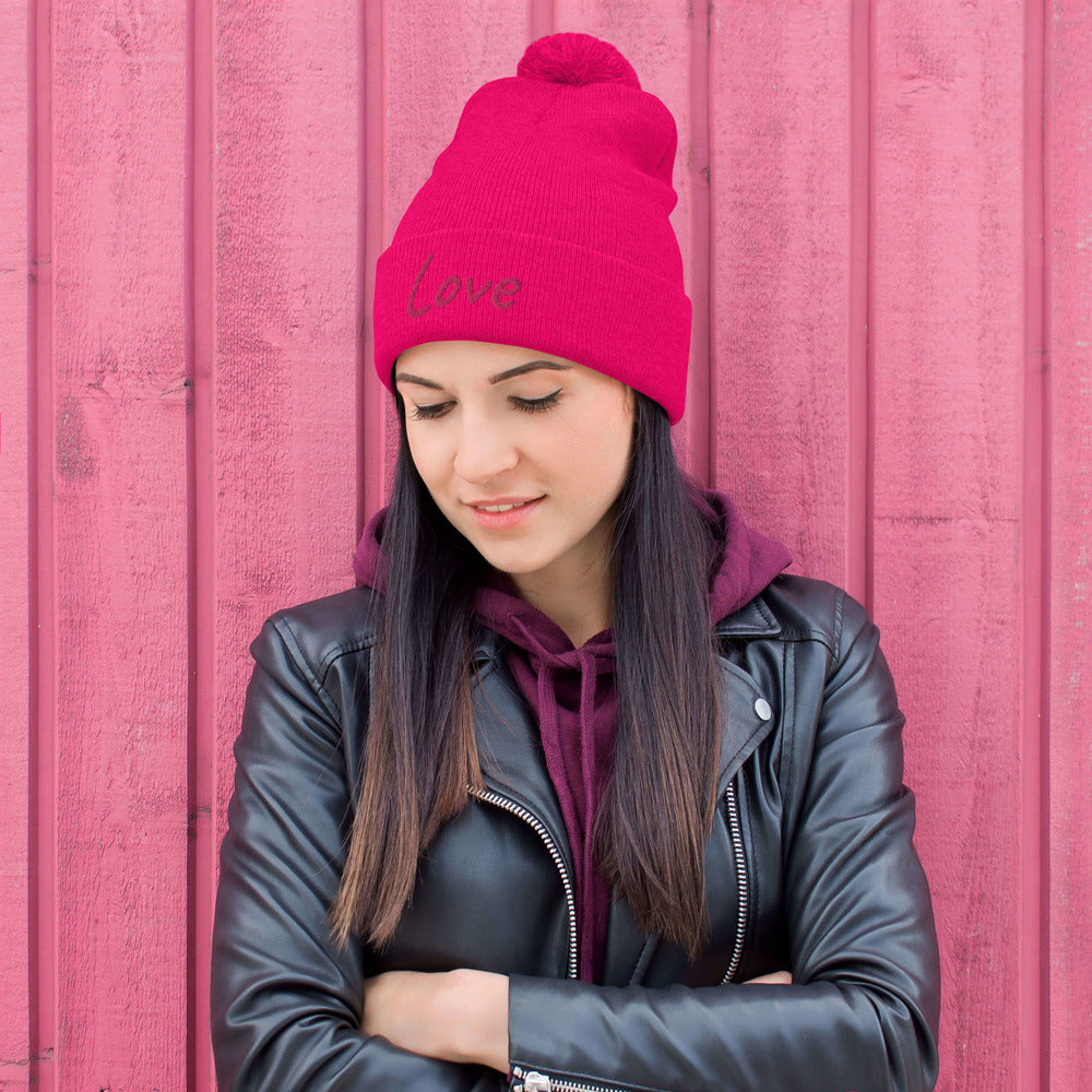 Love In Star Rose Quartz Embroidery on Pom Pom Beanie