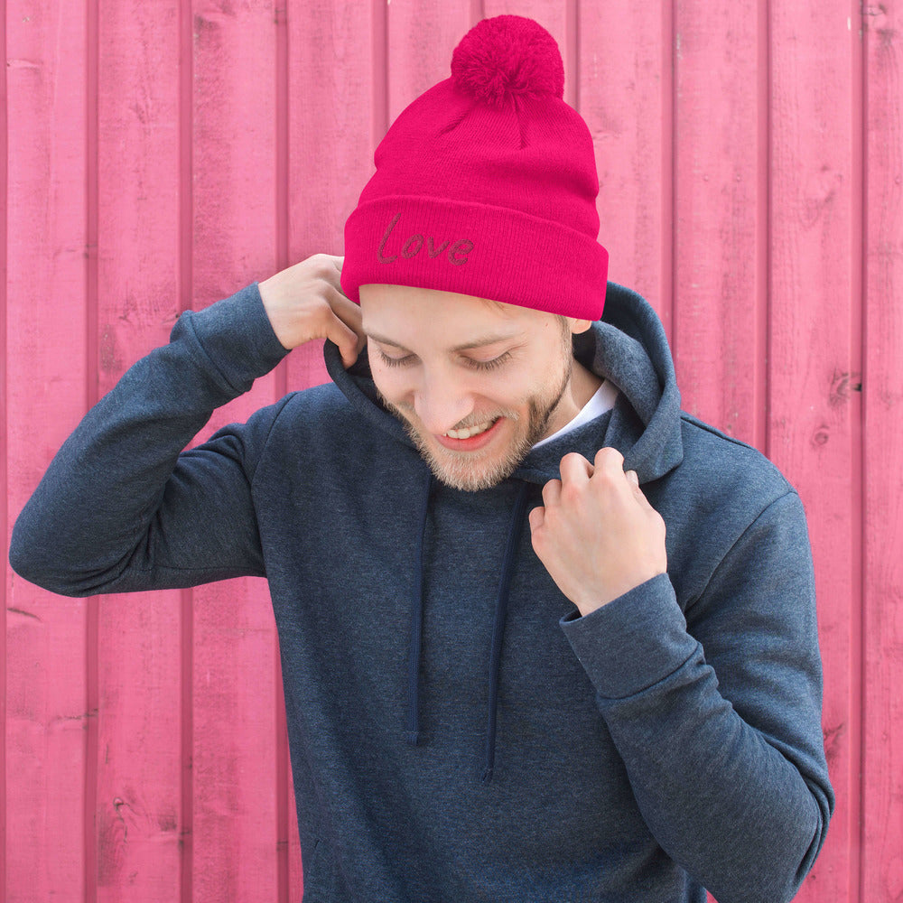 Love In Star Rose Quartz Embroidery on Pom Pom Beanie