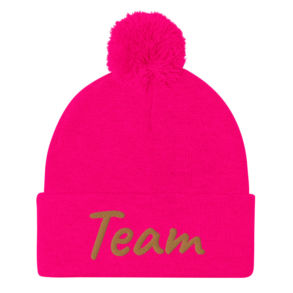 Team In Celluloid Embroidery on Pom Pom Beanie