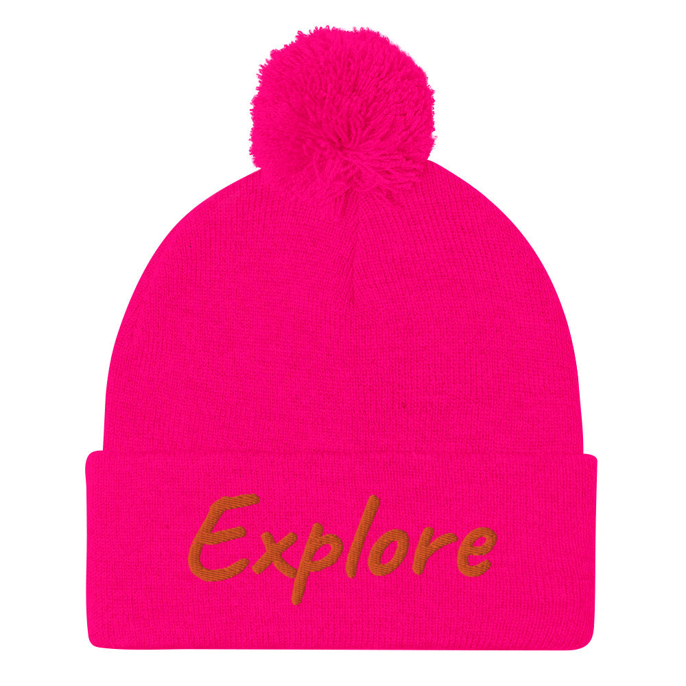 Explore In Amber Embroidery on Pom Pom Beanie