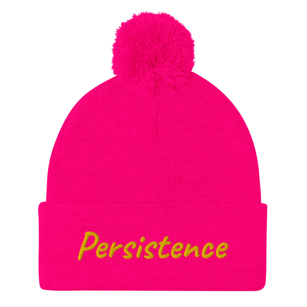 Persistence In Gold Embroidery on Pom Pom Beanie