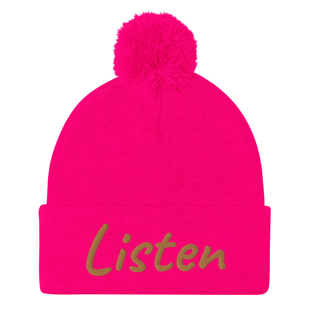 Listen In Copper Embroidery on Pom Pom Beanie