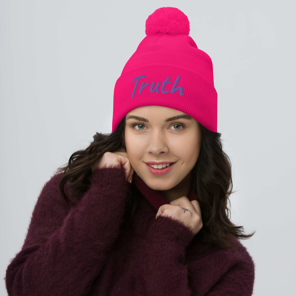 Truth In Amethyst Embroidery on Pom Pom Beanie