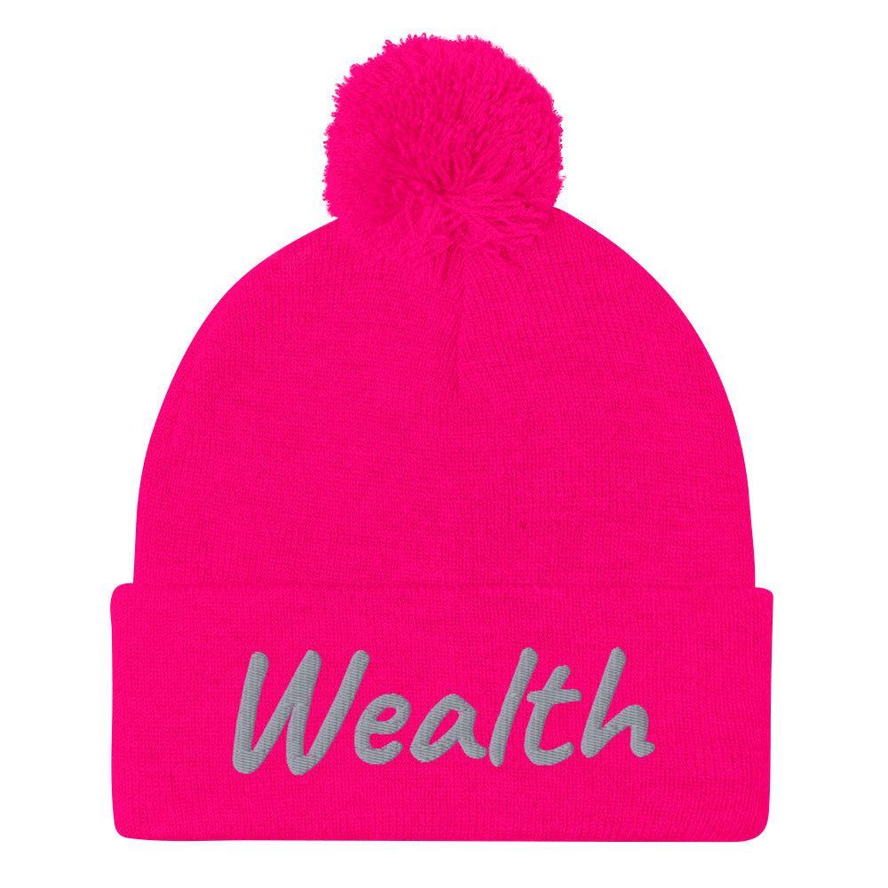 Wealth In Silver Embroidery on Pom Pom Beanie