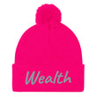 Wealth In Silver Embroidery on Pom Pom Beanie