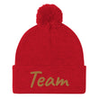 Team In Celluloid Embroidery on Pom Pom Beanie