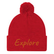 Explore In Amber Embroidery on Pom Pom Beanie