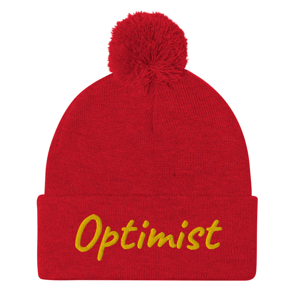 Optimist In Gold Embroidery on Pom Pom Beanie