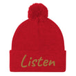 Listen In Copper Embroidery on Pom Pom Beanie