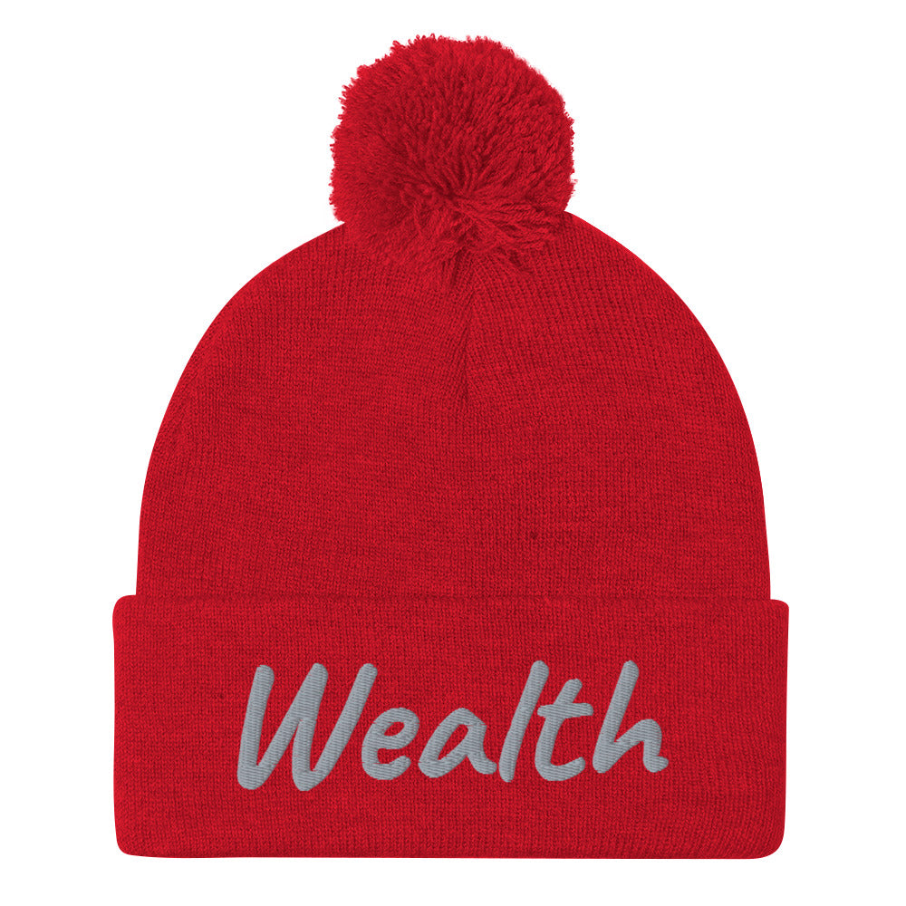 Wealth In Silver Embroidery on Pom Pom Beanie