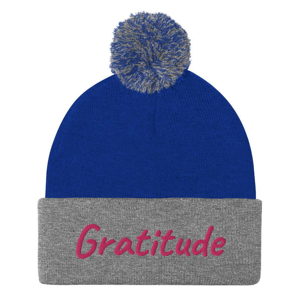 Gratitude In Star Rose Quartz Embroidery on Pom Pom Beanie