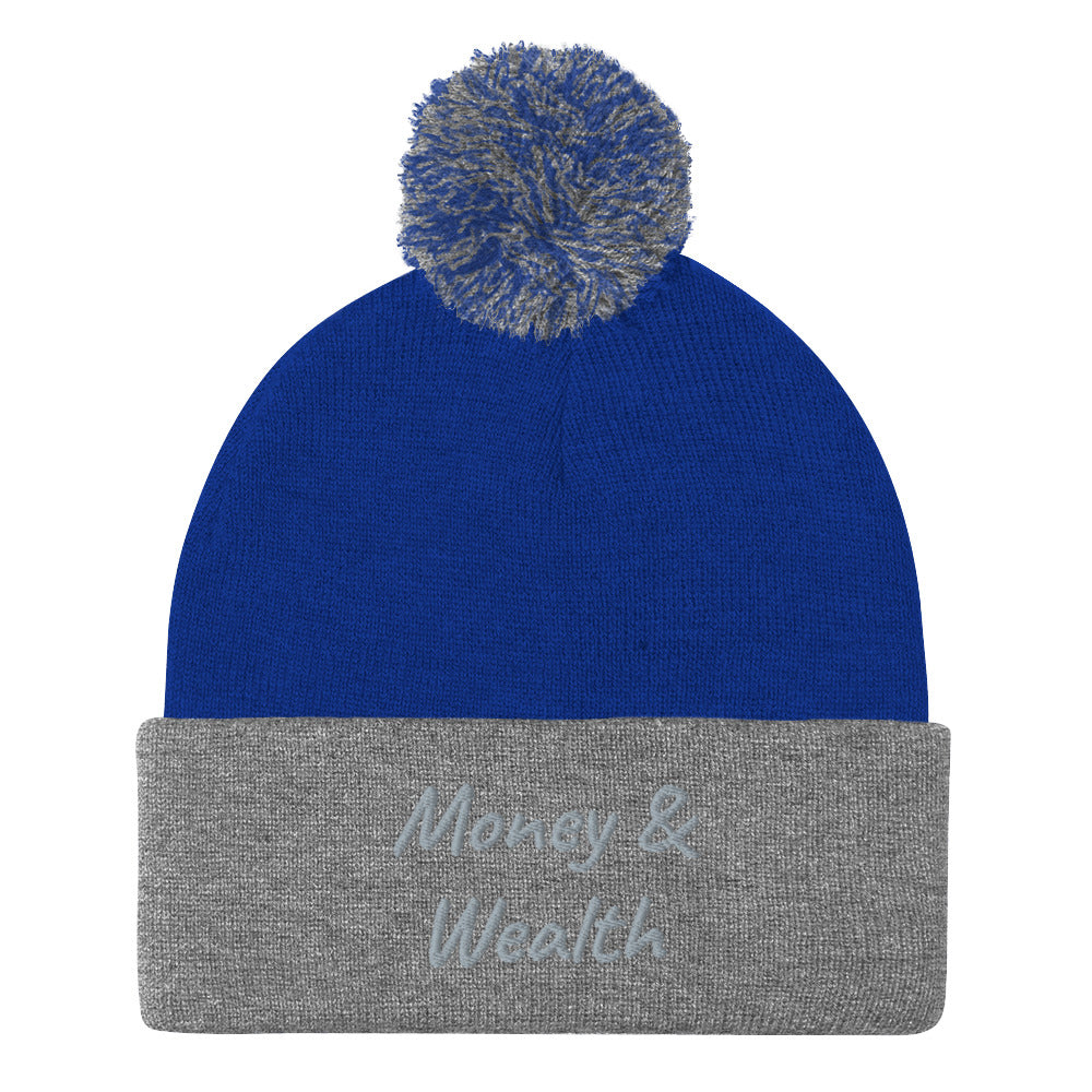 Money & Wealth In Silver Embroidery on Pom Pom Beanie