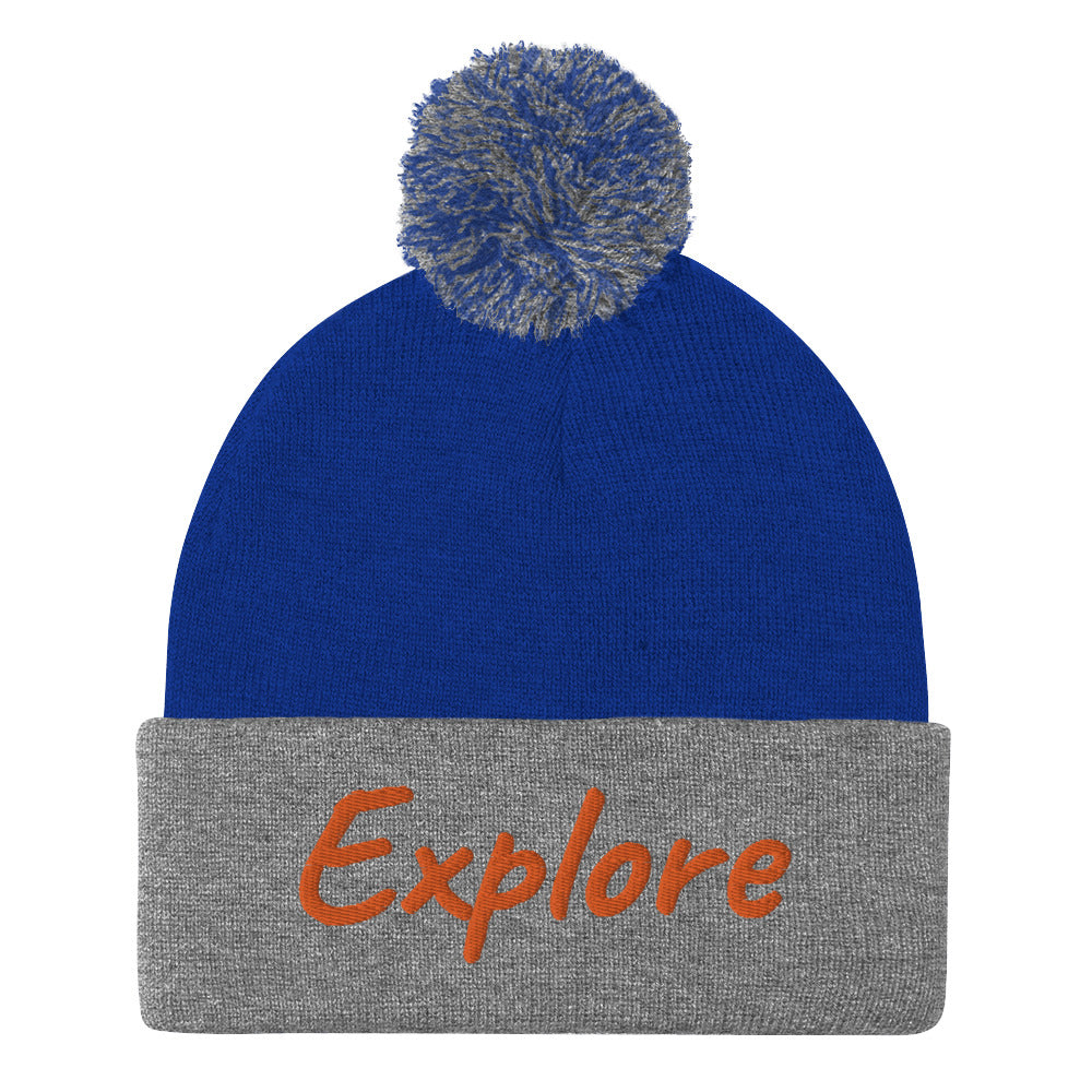 Explore In Amber Embroidery on Pom Pom Beanie