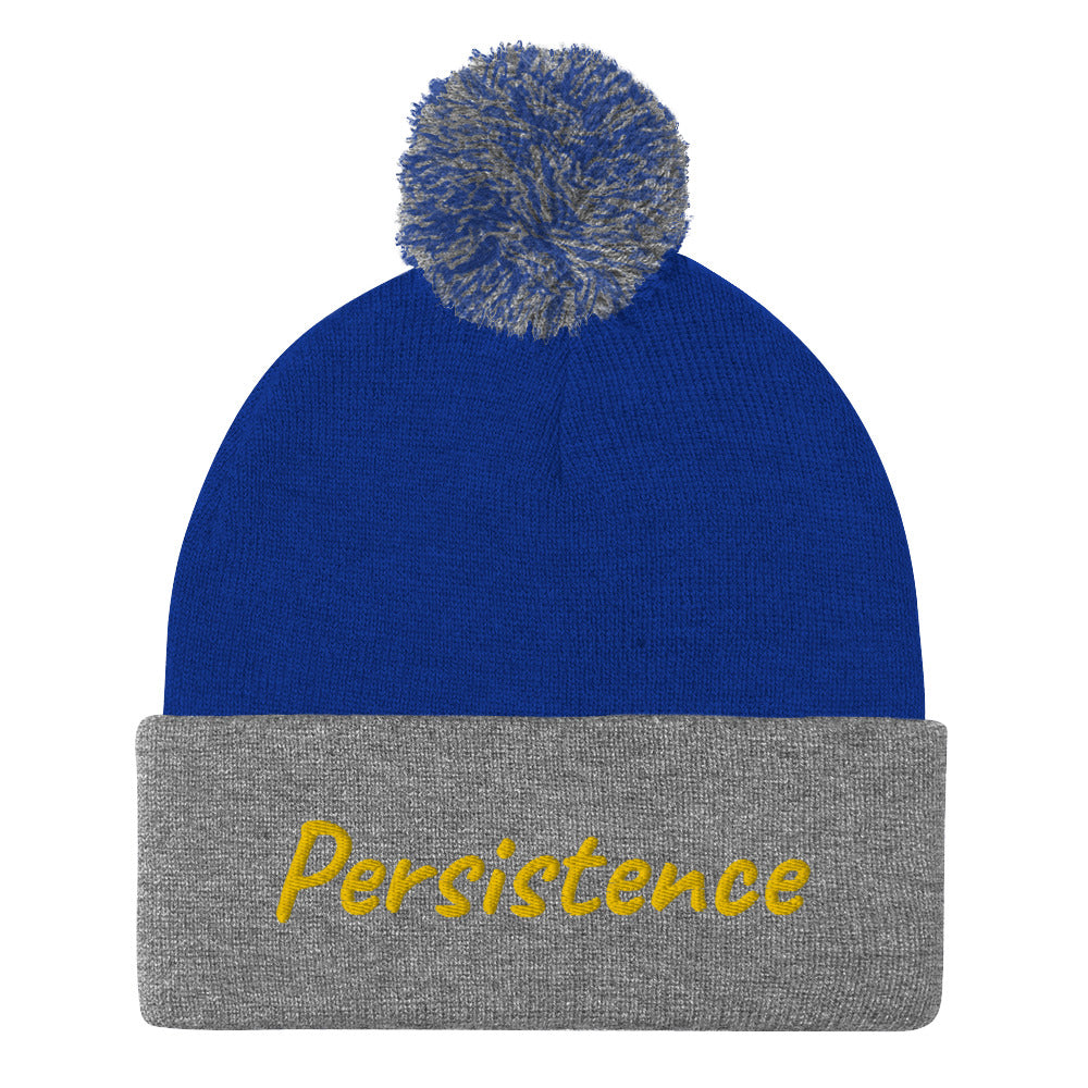 Persistence In Gold Embroidery on Pom Pom Beanie