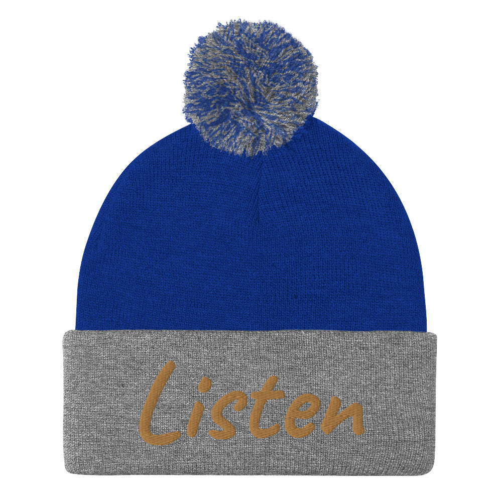 Listen In Copper Embroidery on Pom Pom Beanie