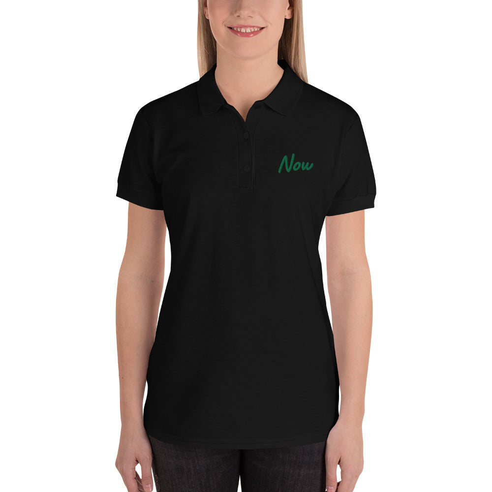 Now In Emerald Embroidery on Women's Polo Shirt