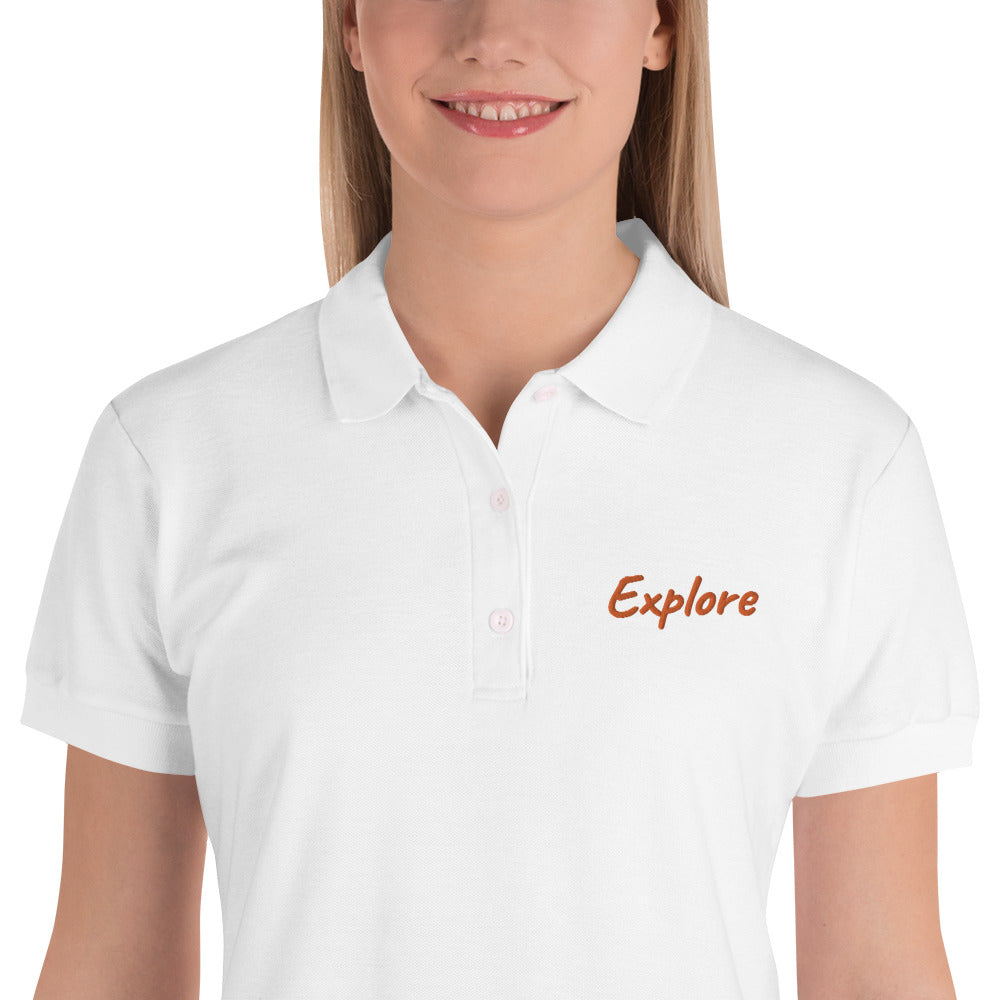 Explore In Amber Embroidery on Women's Polo Shirt