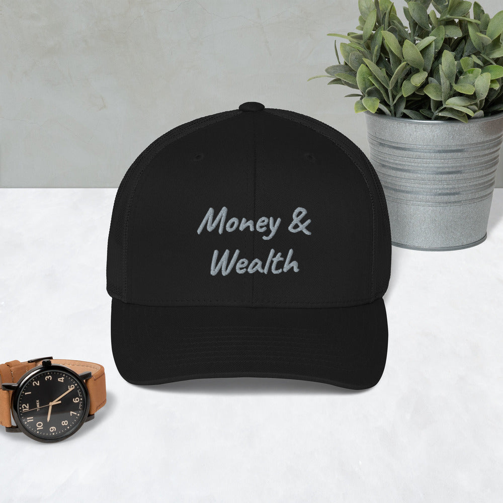 Money & Wealth In Silver Embroidery on Retro Trucker Hat