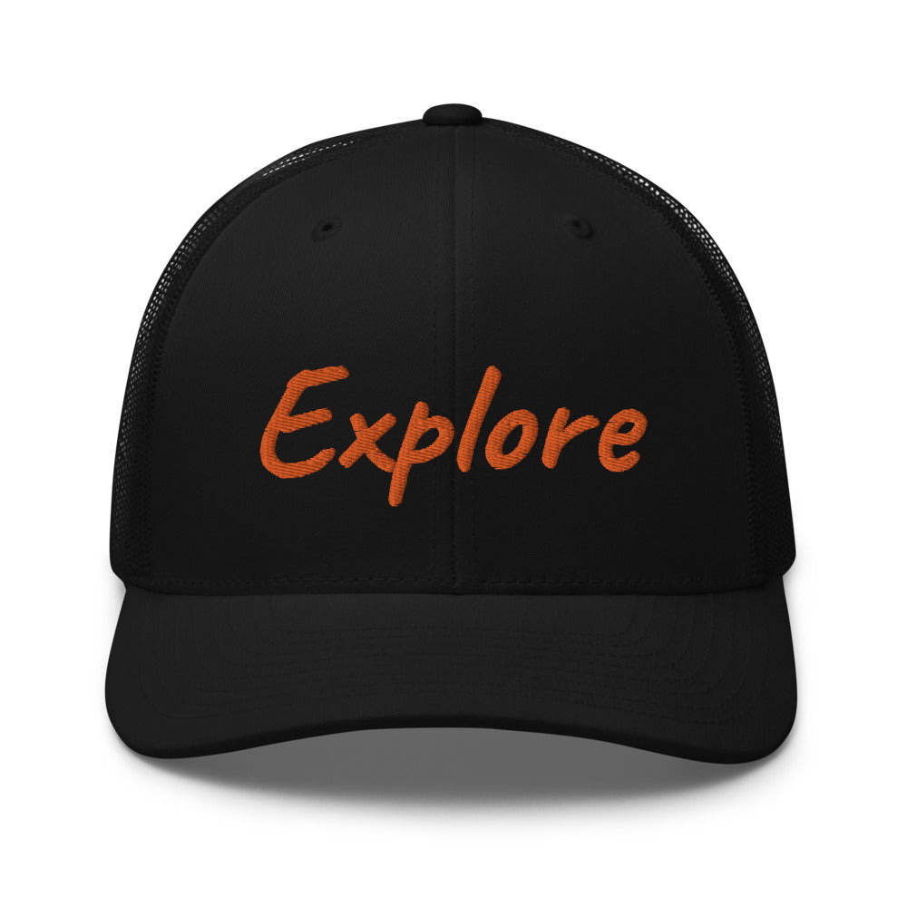 Explore In Amber Embroidery on Retro Trucker Hat