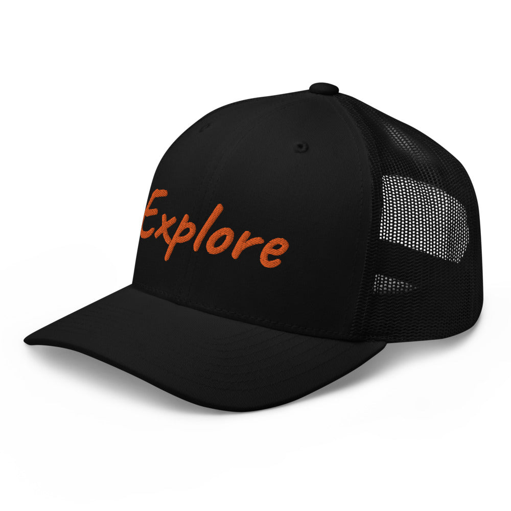 Explore In Amber Embroidery on Retro Trucker Hat