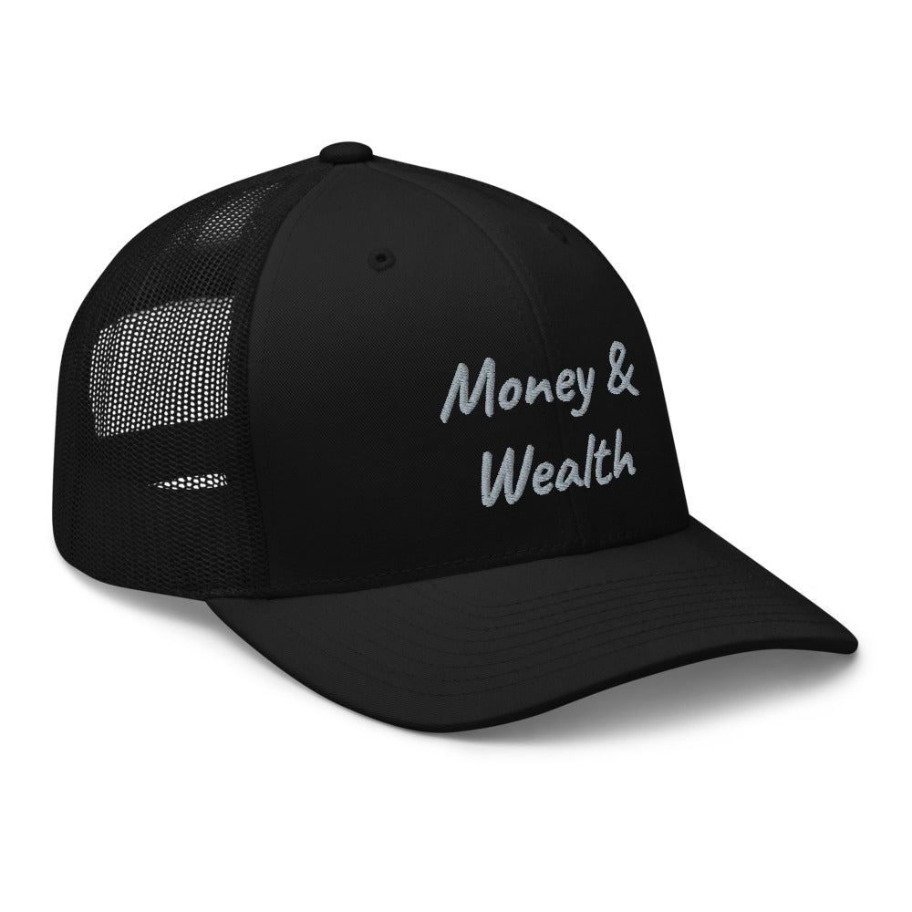 Money & Wealth In Silver Embroidery on Retro Trucker Hat