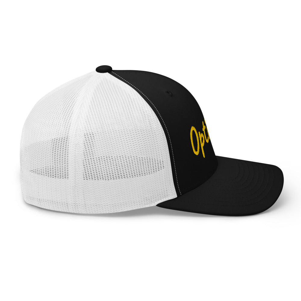 Optimist In Gold Embroidery on Retro Trucker Hat