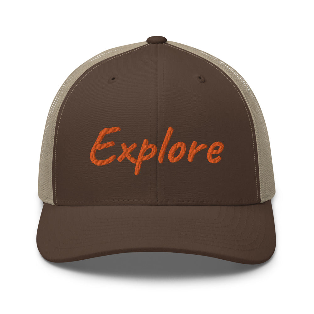 Explore In Amber Embroidery on Retro Trucker Hat