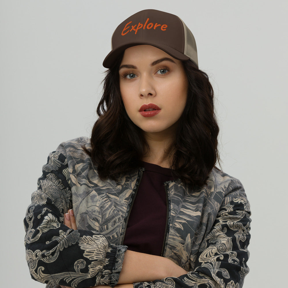 Explore In Amber Embroidery on Retro Trucker Hat