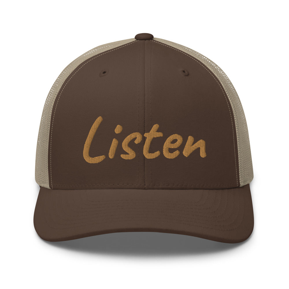 Listen In Copper Embroidery on Retro Trucker Hat