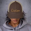 Listen In Copper Embroidery on Retro Trucker Hat