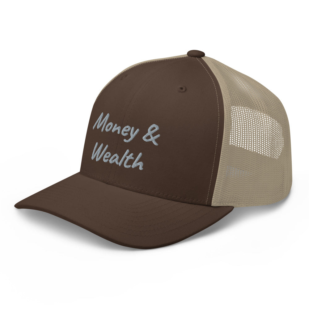 Money & Wealth In Silver Embroidery on Retro Trucker Hat