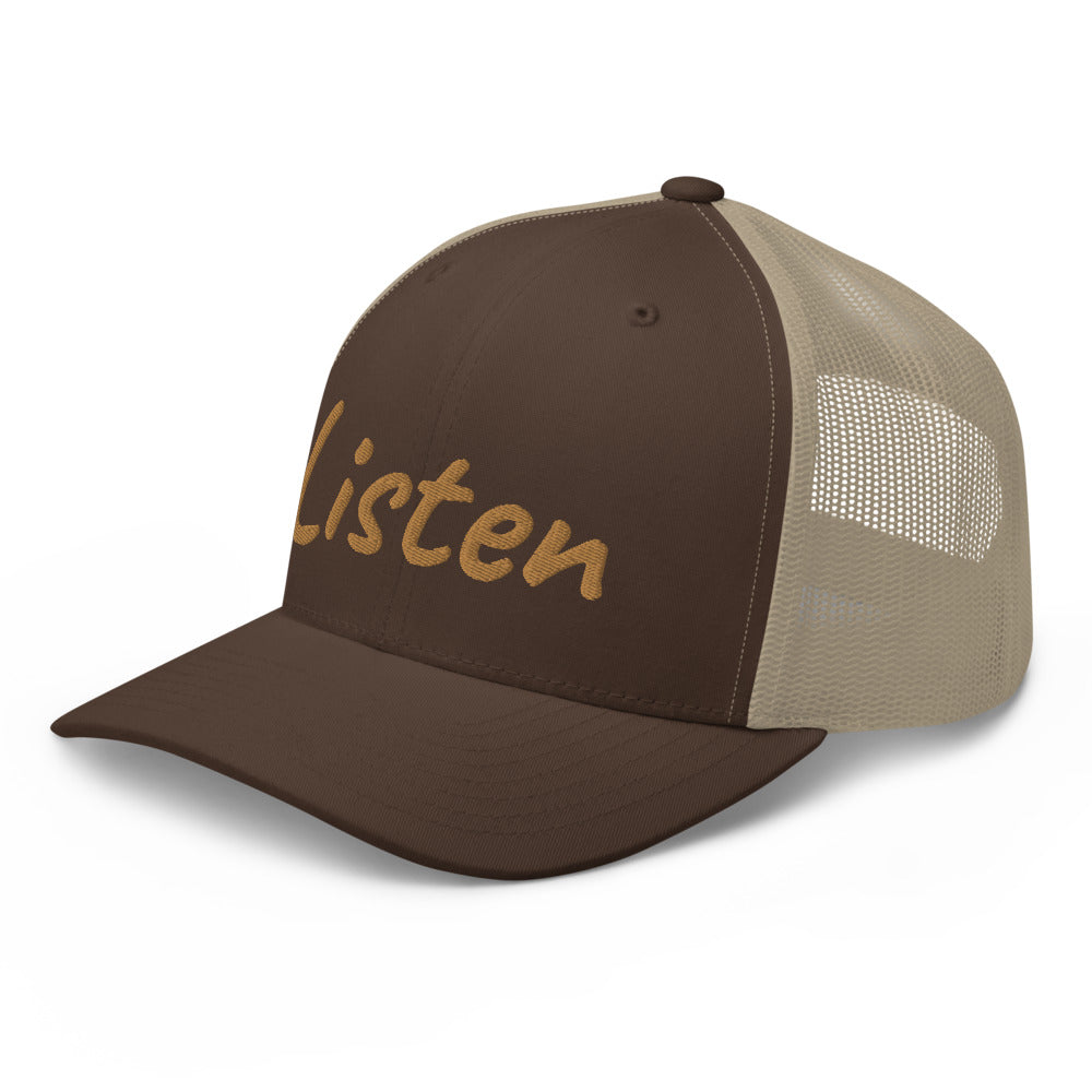 Listen In Copper Embroidery on Retro Trucker Hat