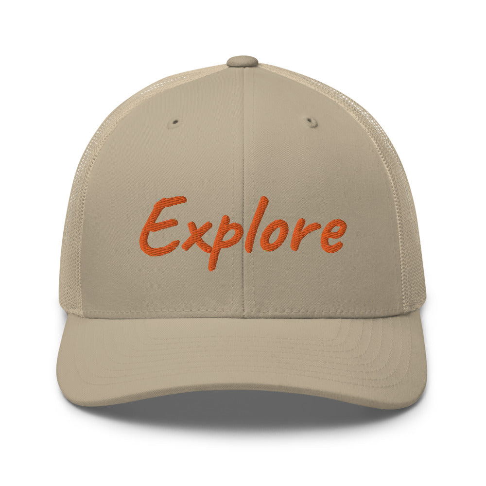 Explore In Amber Embroidery on Retro Trucker Hat