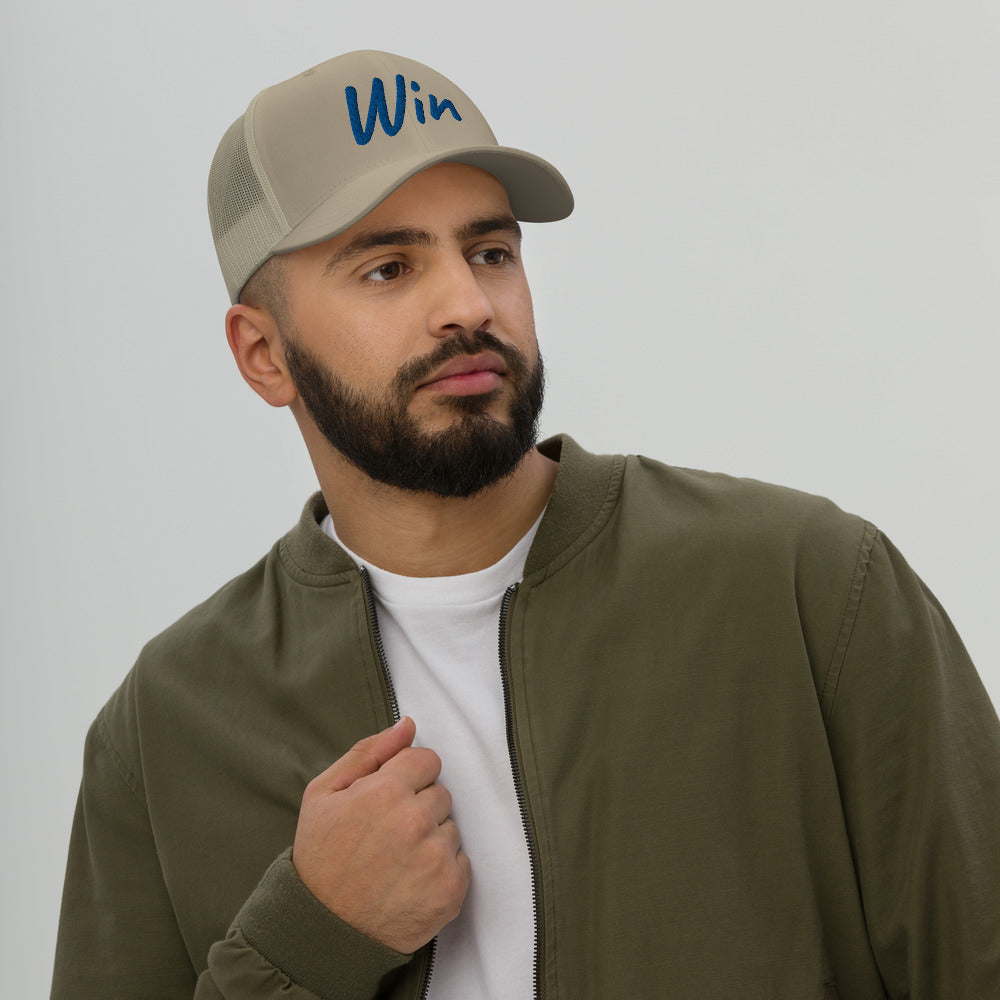 Win In Sapphire Embroidery on Retro Trucker Hat