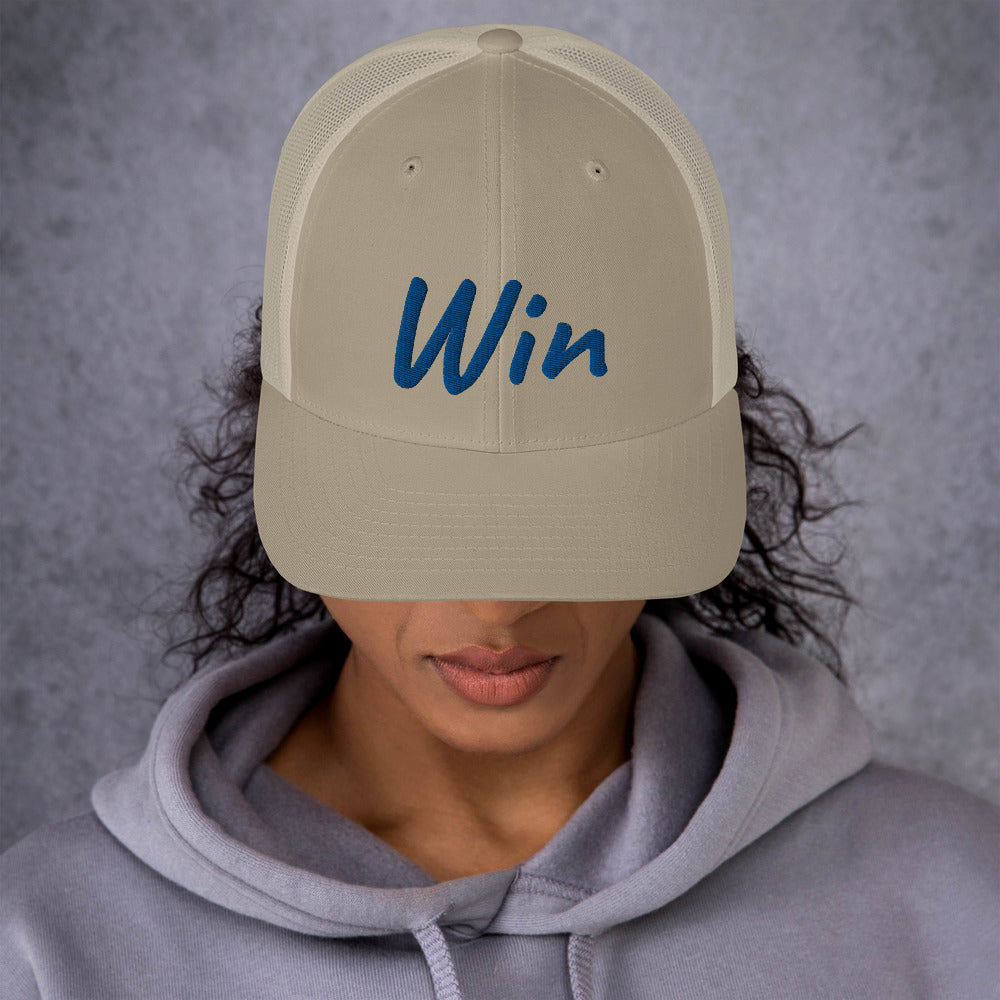 Win In Sapphire Embroidery on Retro Trucker Hat