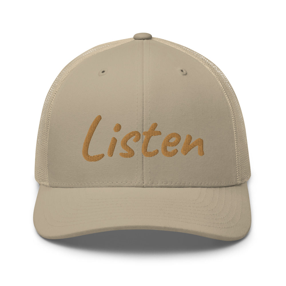 Listen In Copper Embroidery on Retro Trucker Hat