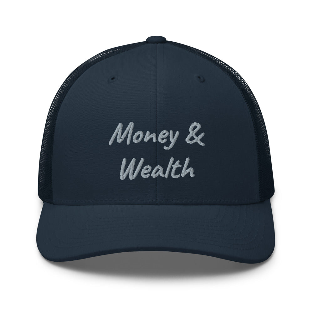 Money & Wealth In Silver Embroidery on Retro Trucker Hat