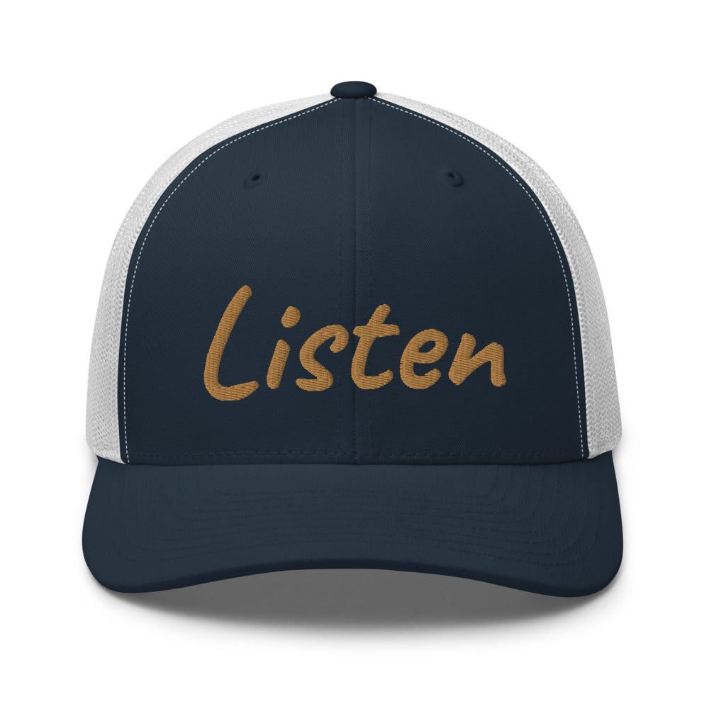 Listen In Copper Embroidery on Retro Trucker Hat