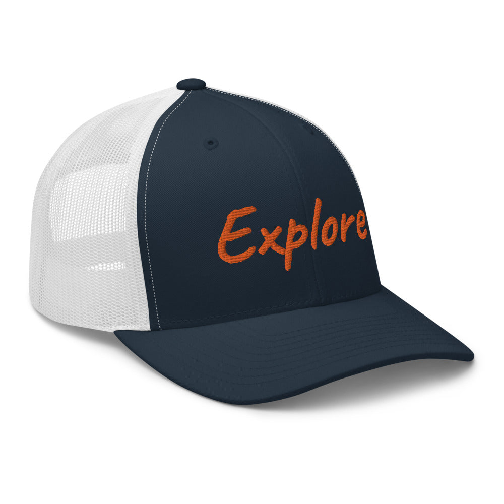 Explore In Amber Embroidery on Retro Trucker Hat