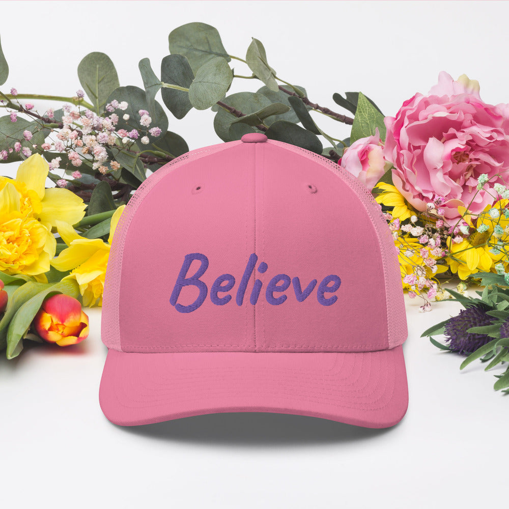 Believe In Amethyst Embroidery on Retro Trucker Hat