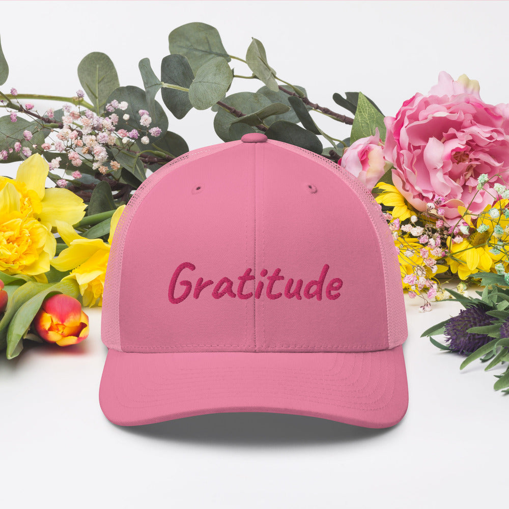 Gratitude In Star Rose Quartz Embroidery on Retro Trucker Hat