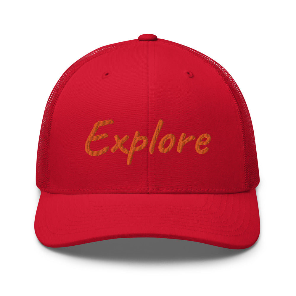 Explore In Amber Embroidery on Retro Trucker Hat