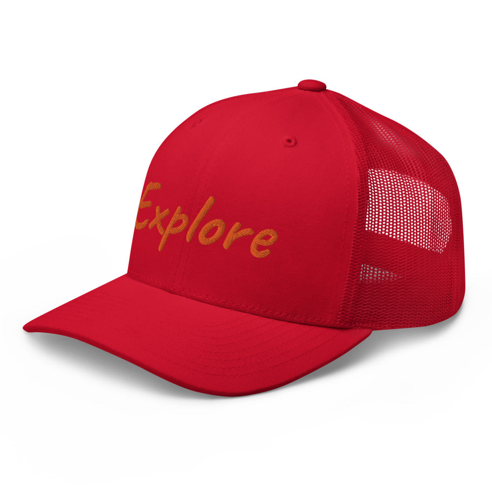 Explore In Amber Embroidery on Retro Trucker Hat