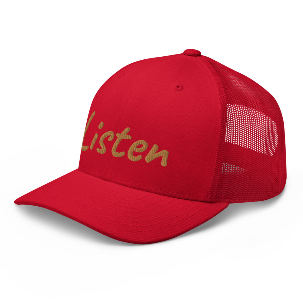 Listen In Copper Embroidery on Retro Trucker Hat