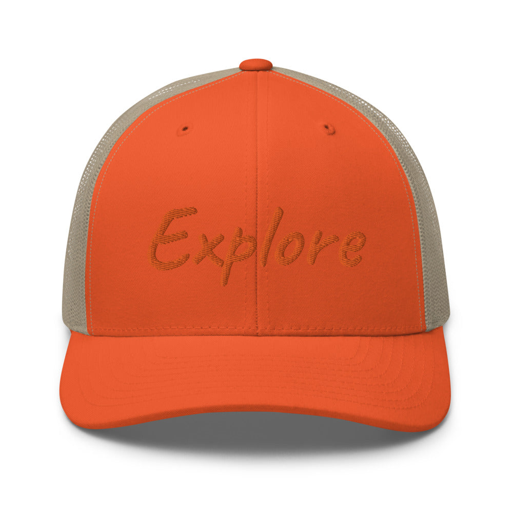 Explore In Amber Embroidery on Retro Trucker Hat