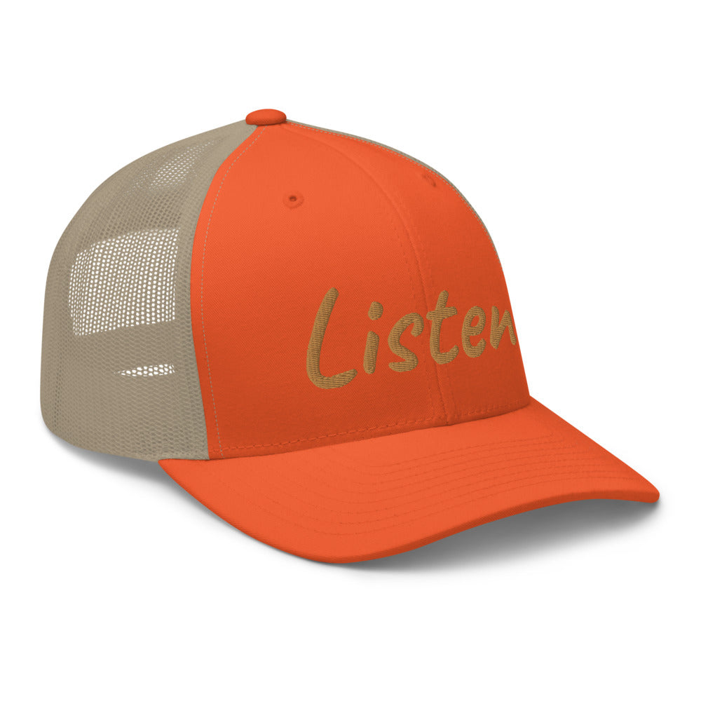 Listen In Copper Embroidery on Retro Trucker Hat