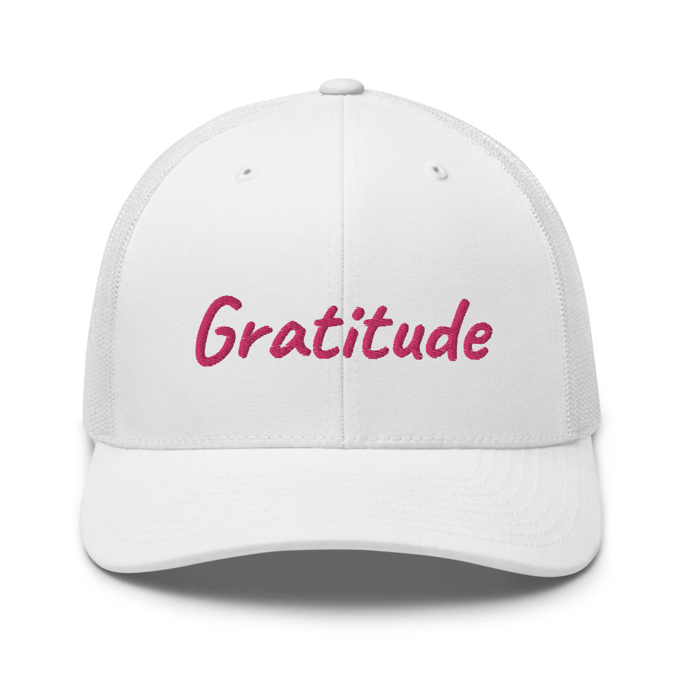 Gratitude In Star Rose Quartz Embroidery on Retro Trucker Hat